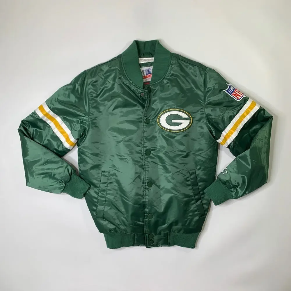 Green Bay Packers Jacket Mens S Satin Varsity Snap Bomber Starter Homage Retro